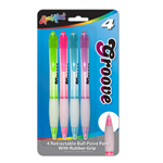 Set of 4 Groove Retractable Ball Point Pens w/ Rubber Grip