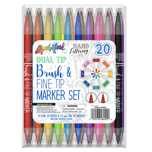 20ct Dual Tip Brush + Fine Tip Markers in plastic box.